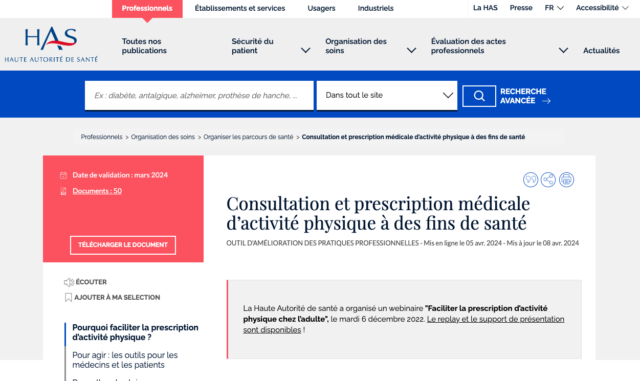 capture d'écran du site de la haute autorité de santé